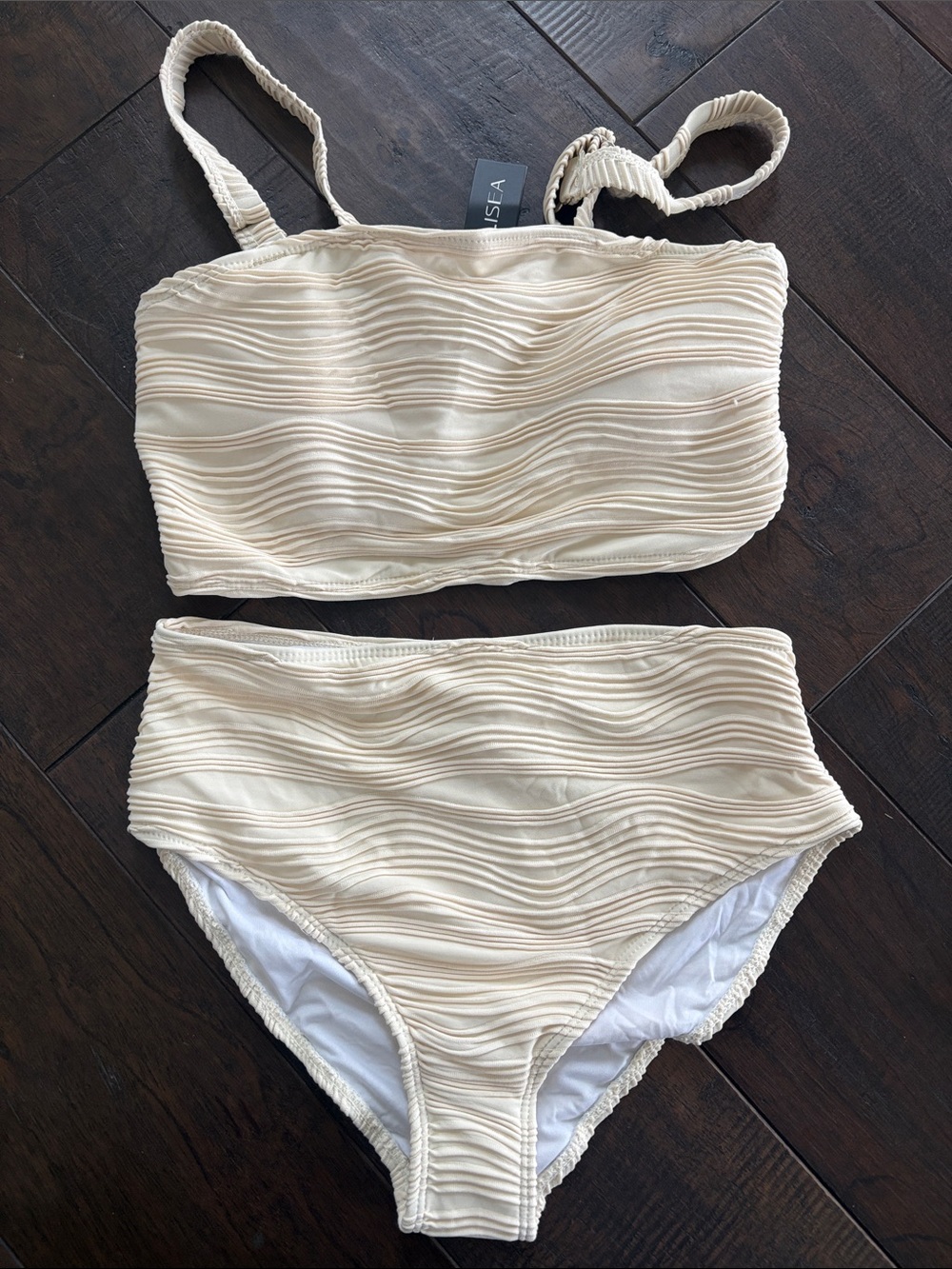 Cream Textured High-Waist Bikini Set - Women's Swim Two-Piece